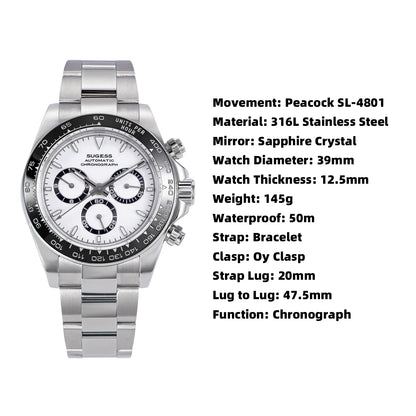 Sugess Panda Chronograph Movement Automatic Mechanical Chronograph Wristwatch Waterproof Diving Men Watches Ceramic Bezel Tona