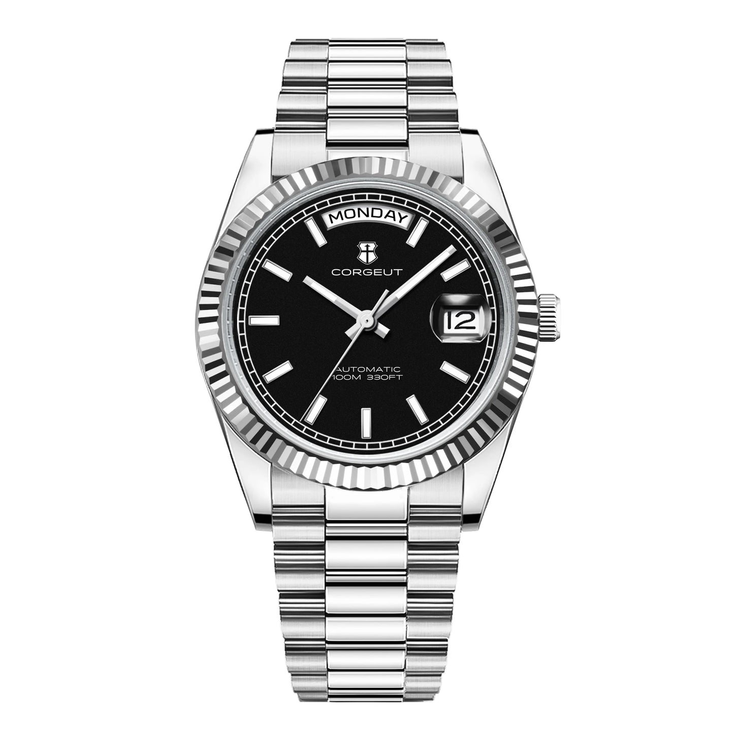CORGEUT NH36 mechanische Herrenuhr mit Wochentags- und Datumsanzeige, President-Gliederarmband, Stahlgehäuse, geriffelter Arc-Lünette, wasserdicht