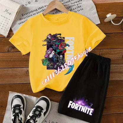 Summer Fortnite T-shirt Shorts for Boys and Girls Tee Pants Set 2pcs Children Clothing Tops T-shirts Fortress Night Print Tees Gift