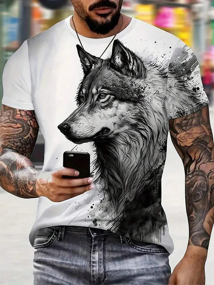 Men's 3D Wolf Print T-Shirt Casual Round Neck Short Sleeve Shirt Breathable and Comfortable Fabric Men's Street Outdoor Clothing