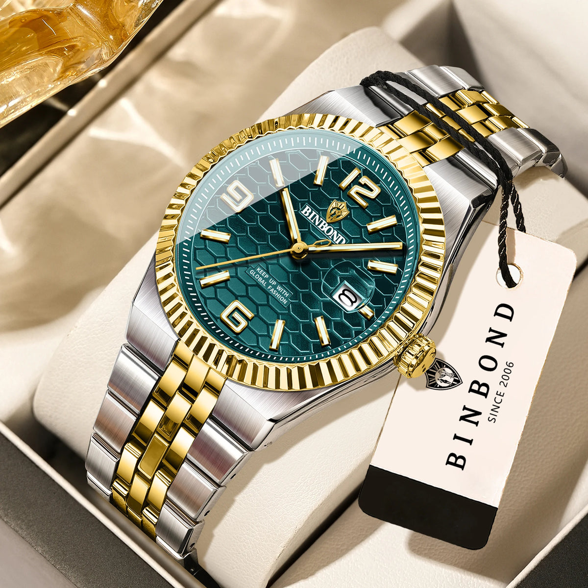 Montre-bracelet à quartz de luxe BINBOND, lumineuse, étanche, date automatique, pour homme, en acier, style business, sport, mode et décontracté.