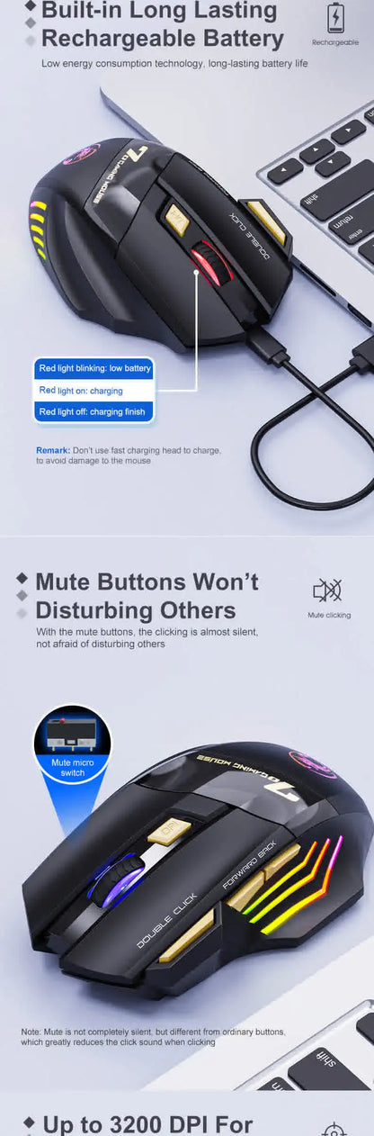 Langaton Bluetooth-hiiri, ladattava tietokonehiiri, ergonominen pelihiiri pelaajille, RGB-taustavalaistu hiljainen hiiri PC:lle