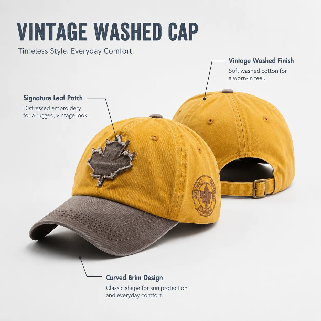 Casual Washed Denim Look Maple Leaf Patch Cap Adjustable Two Tone Outdoor Sport Baseball Hat for Daily Wear