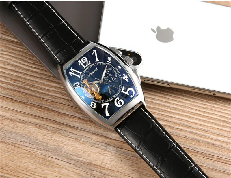 Luxury Hollow Automatic Mechanical Watch Men Tourbillon Clock Fashion Soft Leather Strap Business Watches Male Relogio Masculino