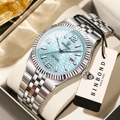 Montre-bracelet à quartz de luxe BINBOND, lumineuse, étanche, date automatique, pour homme, en acier, style business, sport, mode et décontracté.