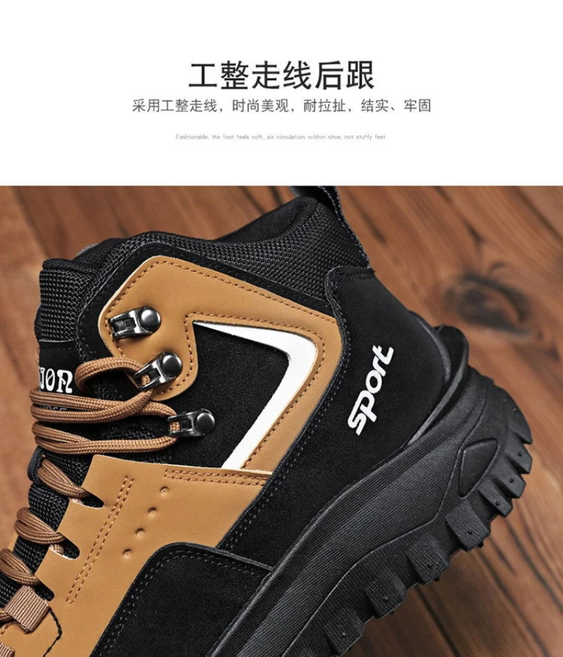 Black and Tan Mid-Top Hiking Boots Suede and Leather Platform Sneakers Non-Slip Outdoor Casual Shoes with Rugged Sole for All