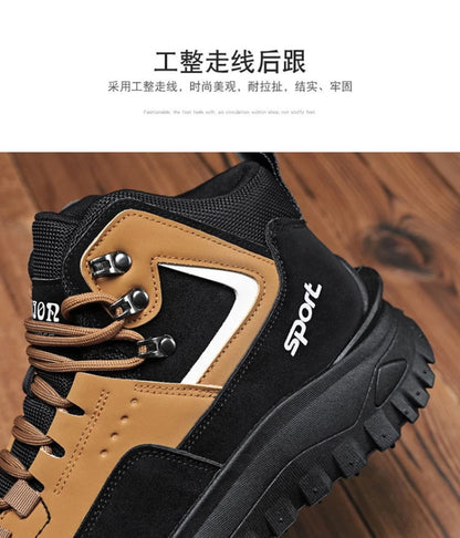 Black and Tan Mid-Top Hiking Boots Suede and Leather Platform Sneakers Non-Slip Outdoor Casual Shoes with Rugged Sole for All