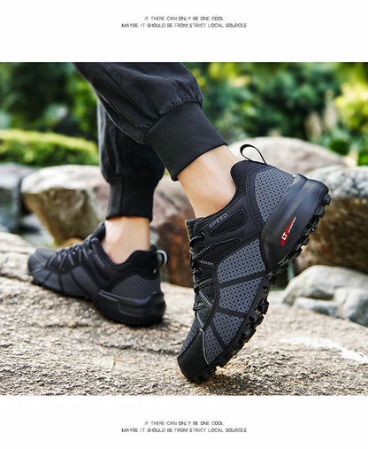 Męskie buty turystyczne – buty sportowe do terenów o zróżnicowanym ukształtowaniu terenu, z oddychającą siateczką, antypoślizgowe, odporne na zużycie – buty turystyczne i rowerowe