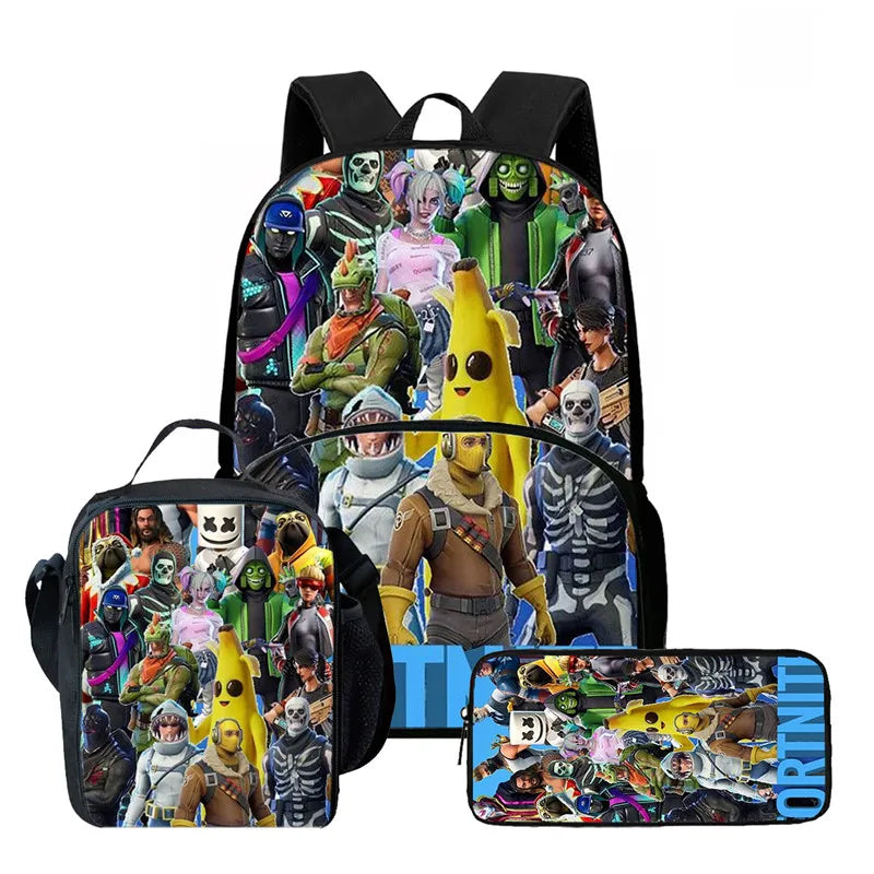 Fortnite Cartoon 3Pcs School Bag Set Unisex for Boys Girls, Backpack with Front Pocket, Lunch Bag and Pencil Case Best Gift