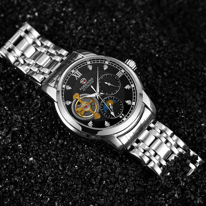 Forsining men’s automatic mechanical watch – Luxury, business and fashion style, metal bracelet, tourbillon, luminescent hands, set with synthetic diamonds