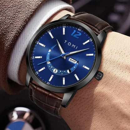 Reloj de cuarzo TOMI, de estilo elegante y profesional, con correa de piel, caja de aleación y esfera con agujas: diseño de alta gama, ideal como regalo para hombre.