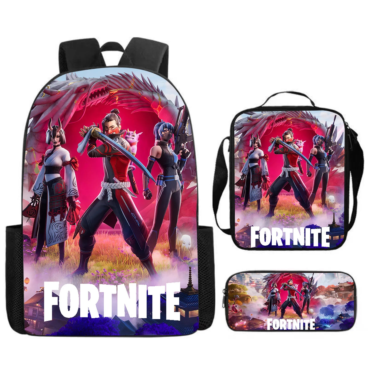 Fortnite Cartoon 3pcs Set, Large Capacity Suitable for Boys and Girls Aged 5-8, Includes Backpack, Dinner Bag, and Pencil Case