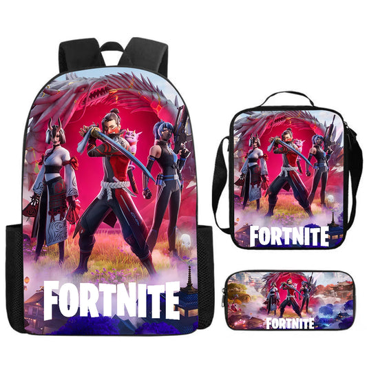 Fortnite Cartoon 3pcs Set, Large Capacity Suitable for Boys and Girls Aged 5-8, Includes Backpack, Dinner Bag, and Pencil Case