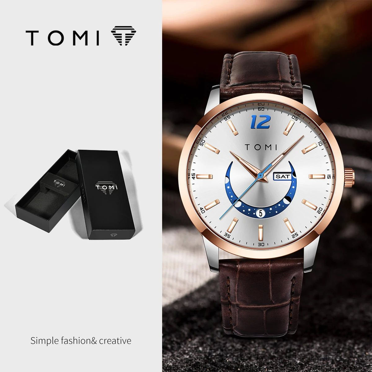 Reloj de cuarzo TOMI, de estilo elegante y profesional, con correa de piel, caja de aleación y esfera con agujas: diseño de alta gama, ideal como regalo para hombre.