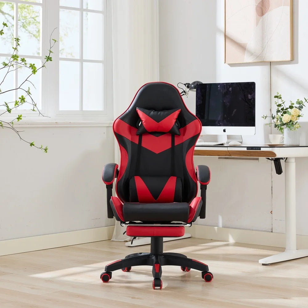 Ergonomic Racing Gaming Chair with Lumbar Support, Massage Function, Footrest, Reclining Leather Gaming Chair for Office & PC Gaming