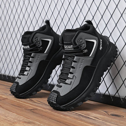 Black and Tan Mid-Top Hiking Boots Suede and Leather Platform Sneakers Non-Slip Outdoor Casual Shoes with Rugged Sole for All
