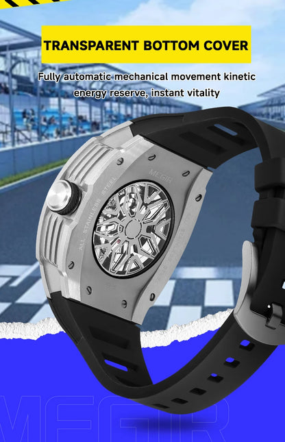MEGIR Men's Automatic Mechanical Watch with Stainless Steel Case Silicone Strap Fashion Waterproof Luminous Wristwatch 8604