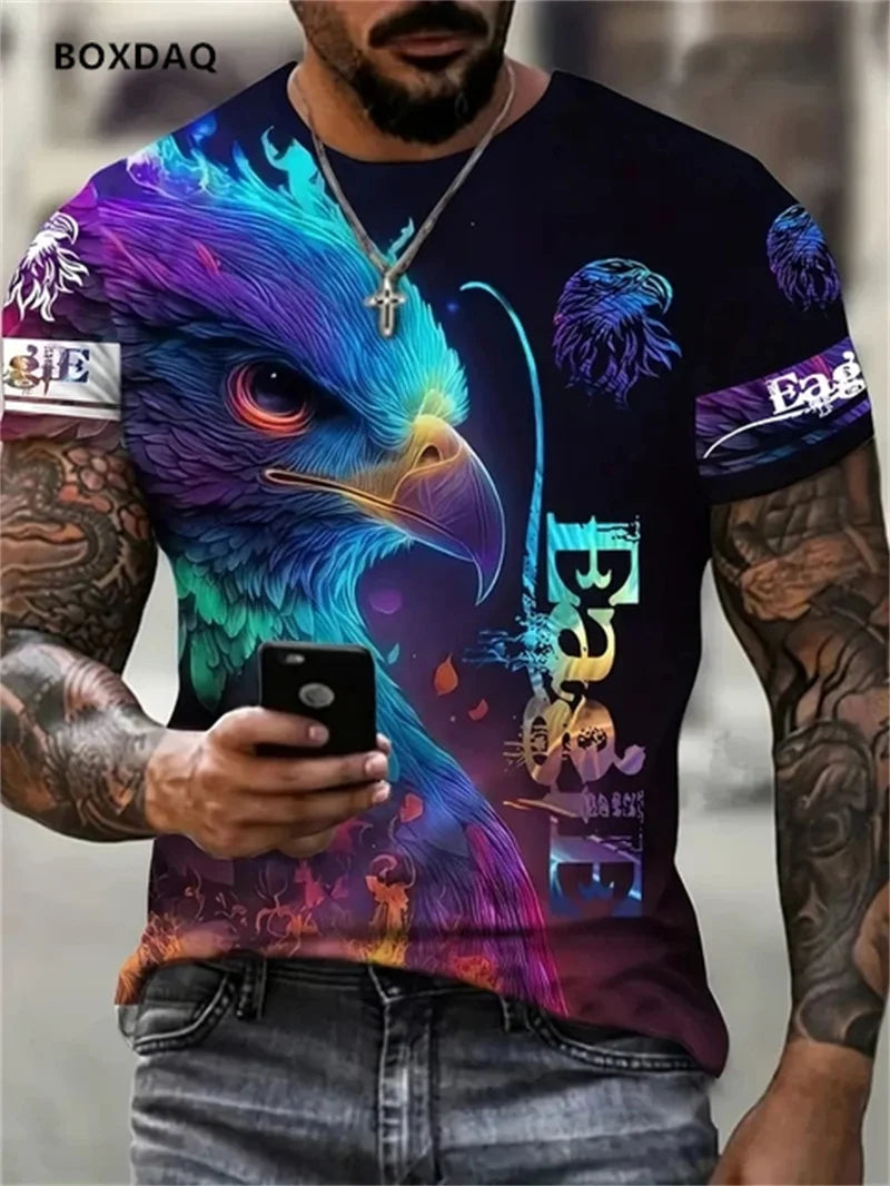 Fashion Eagle Men's T-Shirts Loose O-Neck Casual Tops Short Sleeve 3D Animal Printing Street T-Shirt 6XL Big Size Breathable Tee
