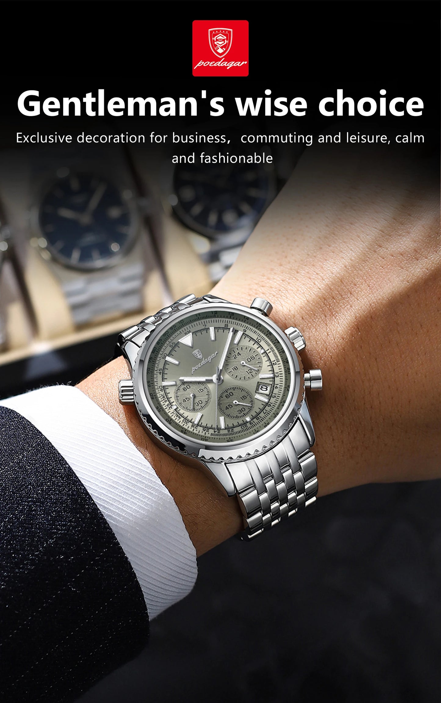 POEDAGAR Fashion Men's Quartz Watch Stainless Steel Waterproof Luminous Man Watch Chronograph Date Multifunction Watches For Men
