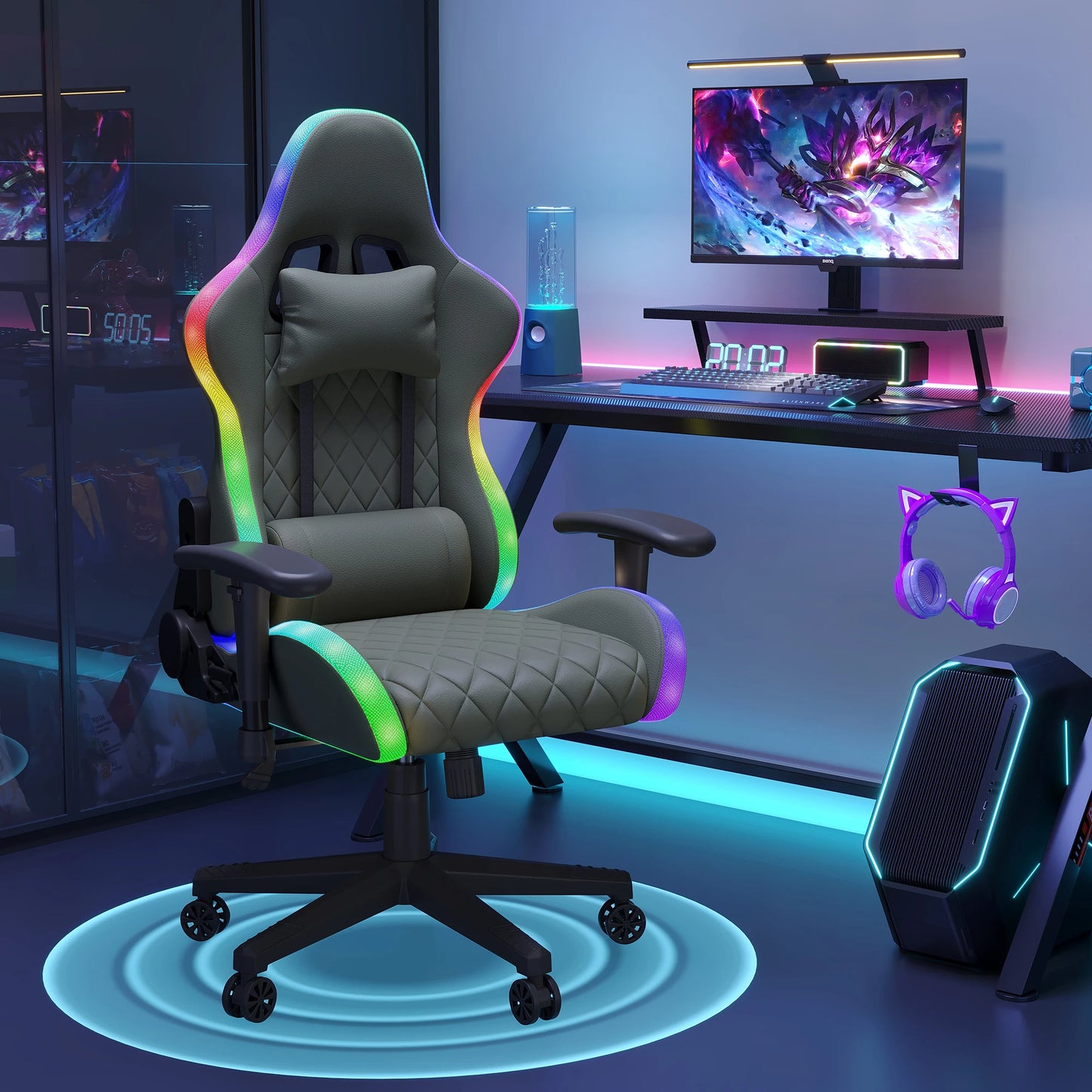 Ergonomic Office Chair with Lumbar Massage, RGB LED Lighting, Reclining Backrest, Adjustable Armrests Gaming Desk Chair for Home Office