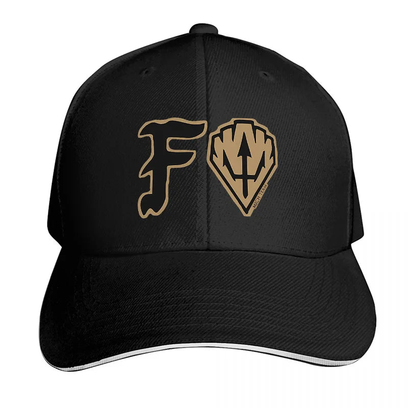 FORTNITE BASEBALL CAP WITH GOLD LOGO DESIGN BLACK AND WHITE TRIM ADJUSTABLE FIT FOR GAMING FANS AND STYLE ENTHUSIASTS