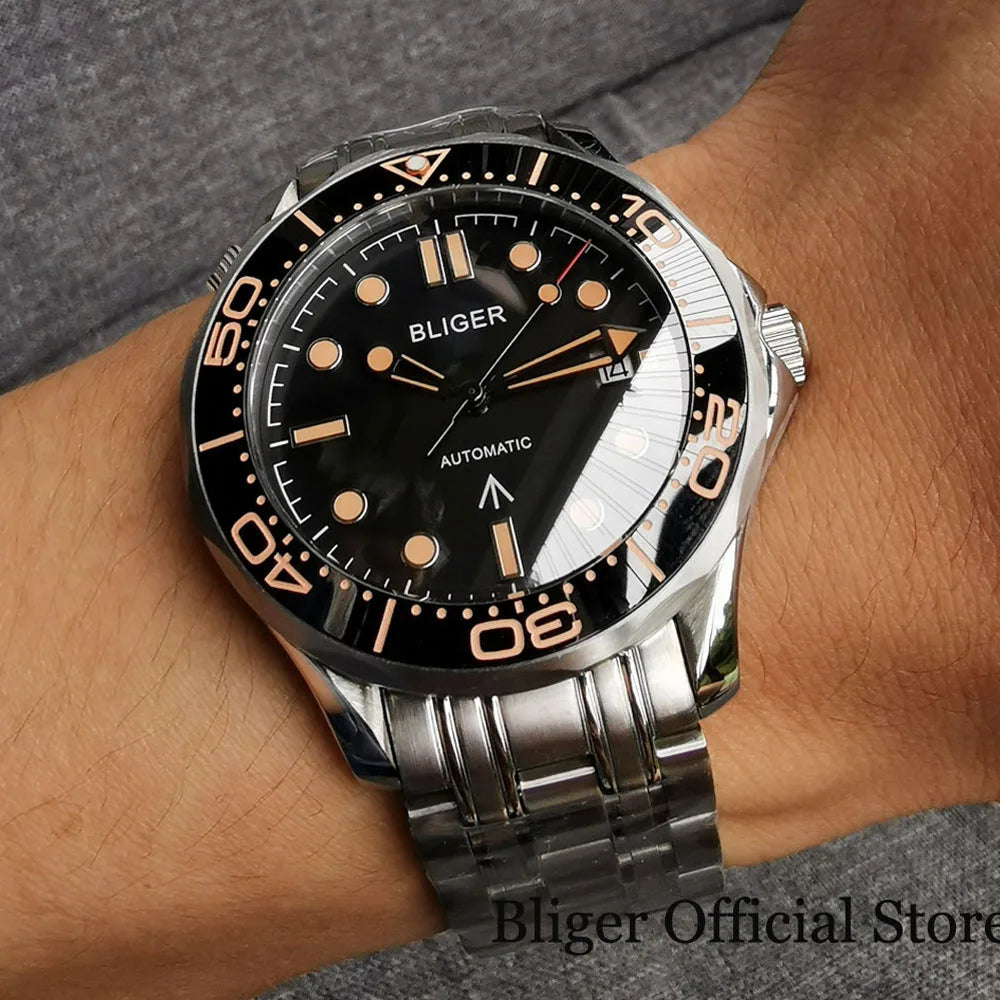 BLIGER 41mm Mechanical Men Watch Sapphire Glass Date 24 Jewel NH35PT5000 MIYOTA 8215 Stainless Steel Mesh Band Rotating Bezel
