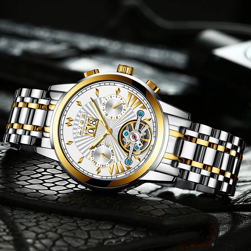 Orologi da polso meccanici automatici da uomo LIGE – Orologio di lusso di alta gamma con tourbillon, modello elegante e impermeabile, ideale per il lavoro o le occasioni formali.