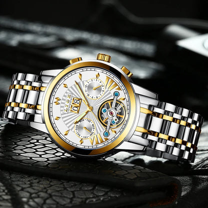 Orologi da polso meccanici automatici da uomo LIGE – Orologio di lusso di alta gamma con tourbillon, modello elegante e impermeabile, ideale per il lavoro o le occasioni formali.