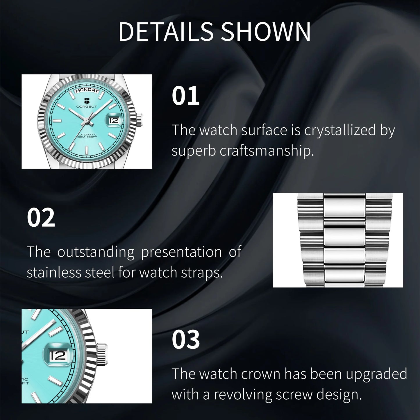 CORGEUT NH36 mechanische Herrenuhr mit Wochentags- und Datumsanzeige, President-Gliederarmband, Stahlgehäuse, geriffelter Arc-Lünette, wasserdicht