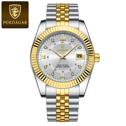 POEDAGAR Herrenuhr – Luxusmodell, wasserdicht, aus Edelstahl, mit Leuchtanzeige, im Militärstil, mit Datumsanzeige, Quarzwerk, ideal für die Arbeit oder berufliche Anlässe.