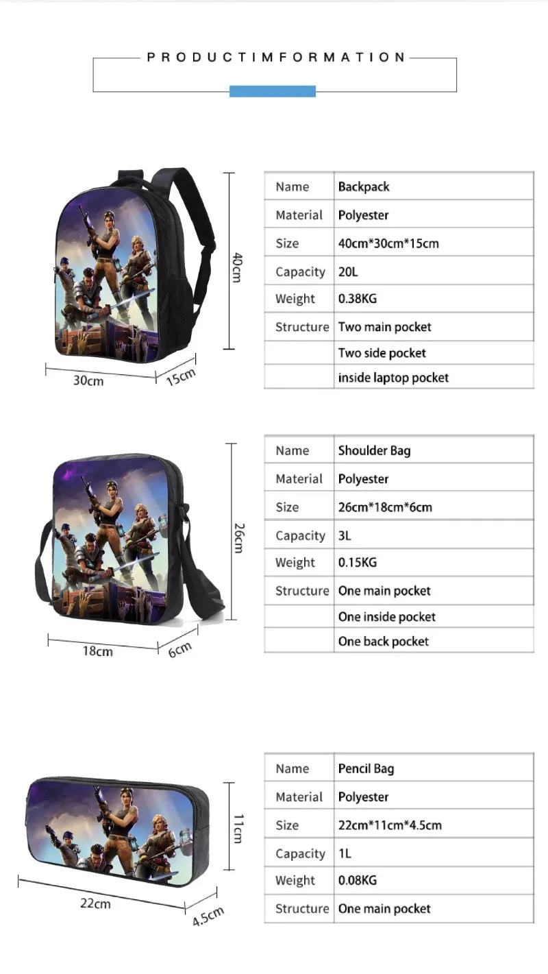 Fortnite 3PCS Backpack for Boys Victory Game 16 Inch Water Resistant Preschool Knapsack Cool Elementary School Backpacks