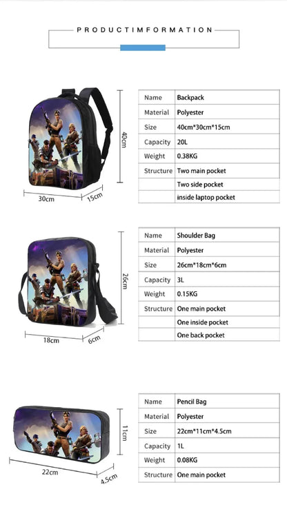 Fortnite 3PCS Backpack for Boys Victory Game 16 Inch Water Resistant Preschool Knapsack Cool Elementary School Backpacks