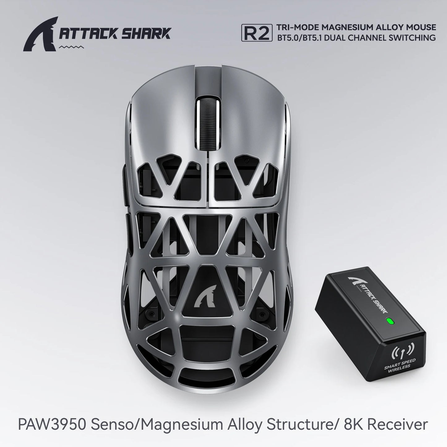 Attack Shark R2 trådlös gamingmus PAW3950 8K i magnesiumlegering, lätt gamingmus med Bluetooth Tri-Mode för gaming/kontor