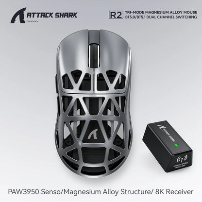Attack Shark R2 trådlös gamingmus PAW3950 8K i magnesiumlegering, lätt gamingmus med Bluetooth Tri-Mode för gaming/kontor