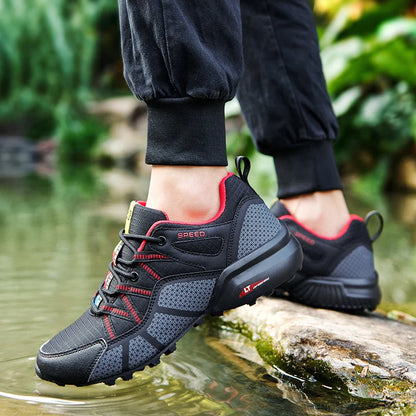 Męskie buty turystyczne – buty sportowe do terenów o zróżnicowanym ukształtowaniu terenu, z oddychającą siateczką, antypoślizgowe, odporne na zużycie – buty turystyczne i rowerowe