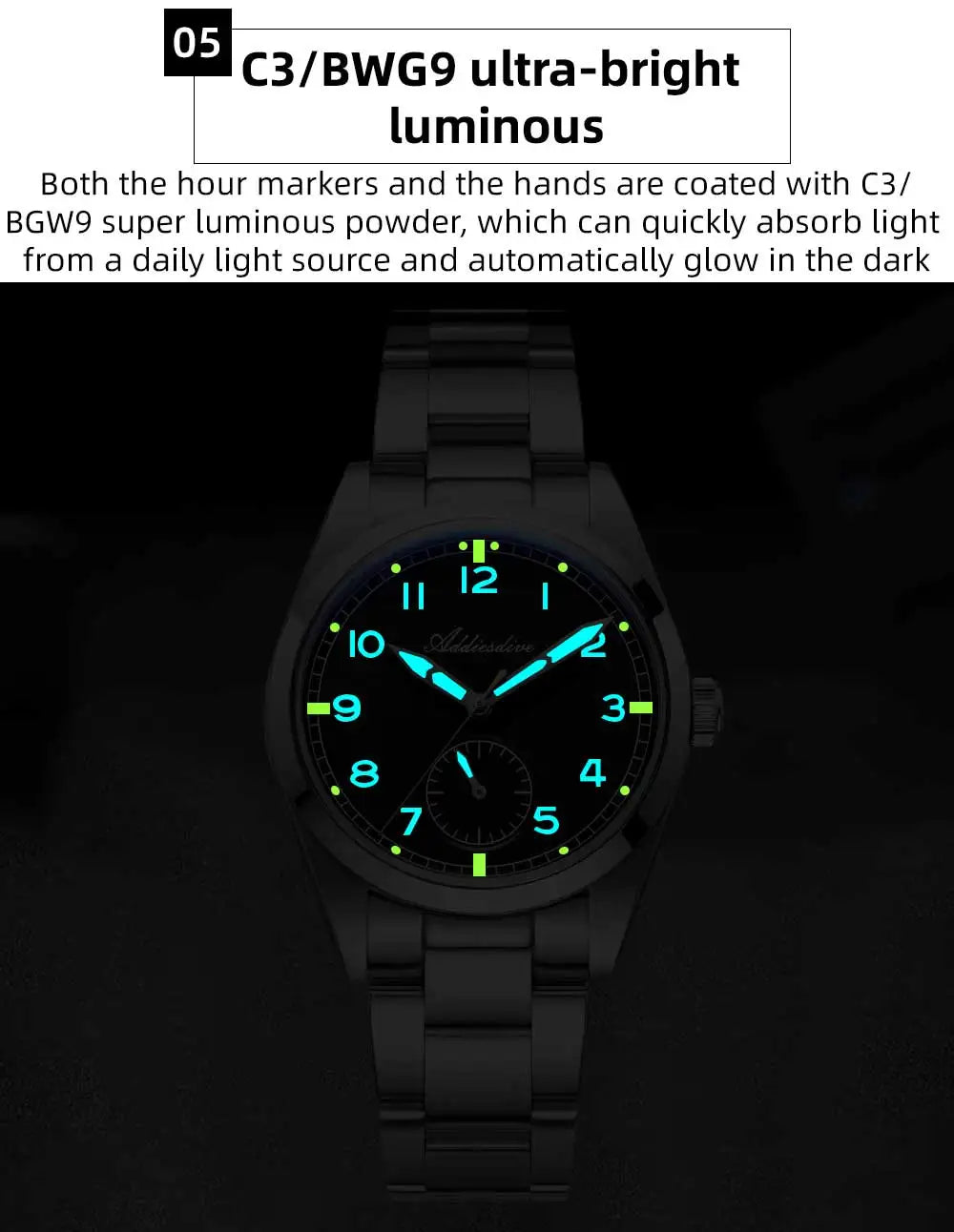 ADDIESDIVE 36mm Men's Quartz VH60 Watch BGW9 Luminous Bubble Mirror Pot Cover Glass 10Bar Waterproof Stainless Steel Watch