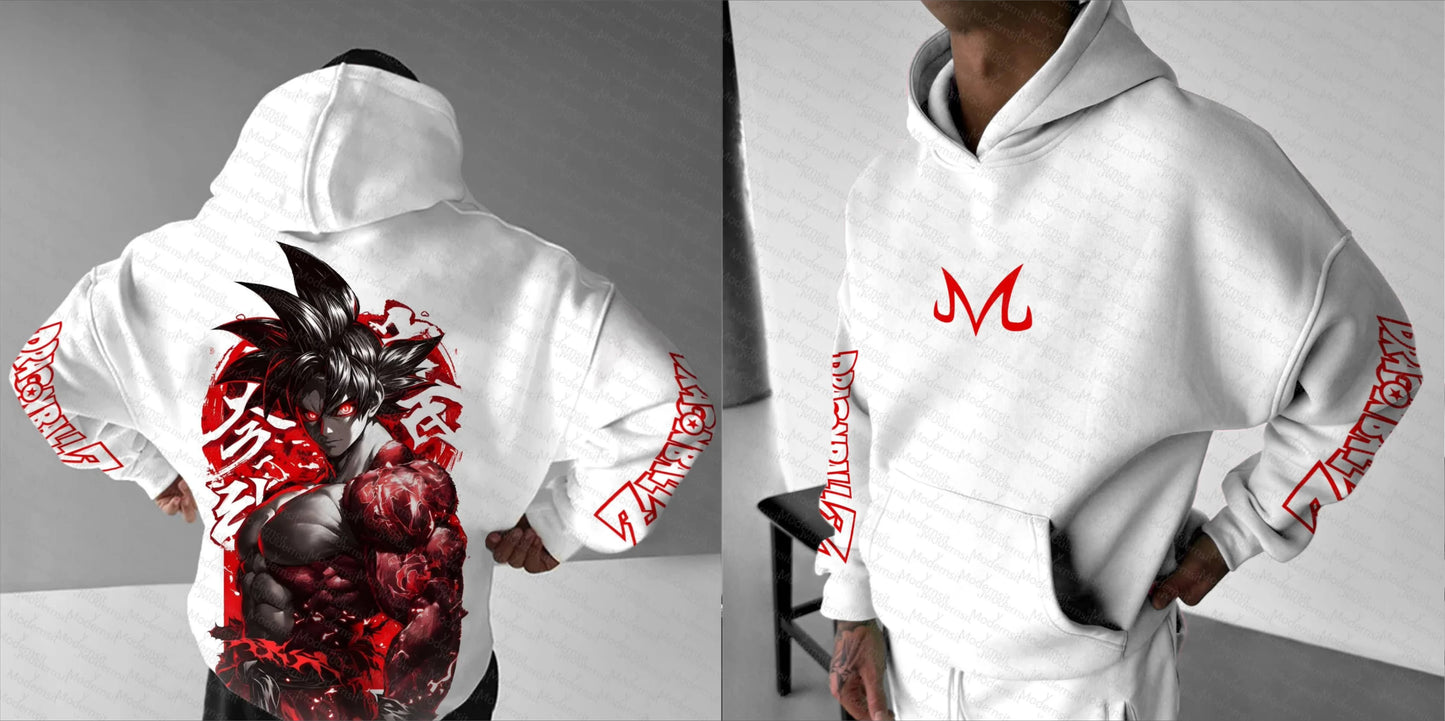 Dragon Ball Z Goku White Hoodie and Pants Set Men Women Anime Character Print Two-Piece Outfit with Red Logo and Super Saiyan