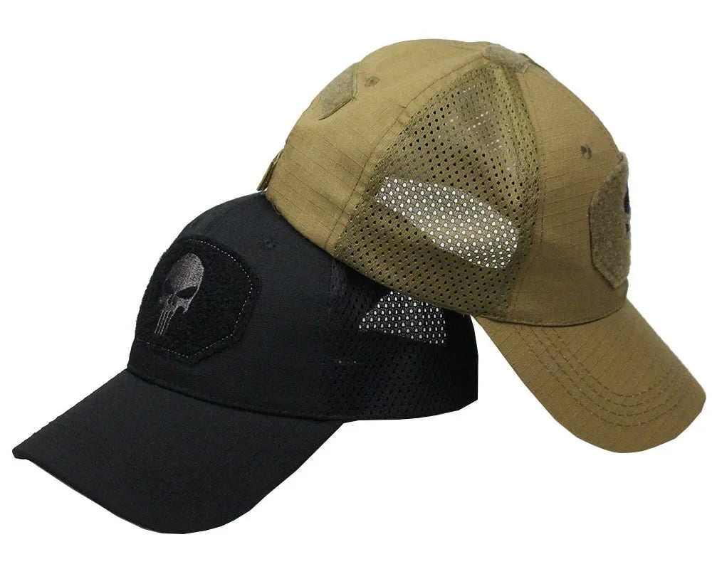 Baseballkappe im Camouflage-Look, aus atmungsaktivem Netzgewebe, taktische Camo-Kappe der Special Forces, mit Totenkopf- und Enten-Schirm