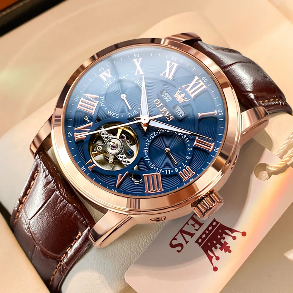 Montre homme OLEVS 6668, marque de renom, tendance et mécanique automatique, bracelet en cuir, étanche et lumineuse.