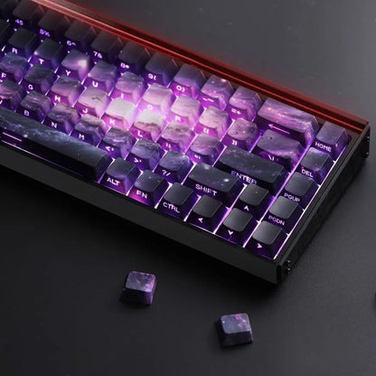 Teclas PBT transparentes con degradado galaxia morado y grabado lateral, 135 teclas, compatibles con teclado mecánico de 60/64/84/98/108 teclas