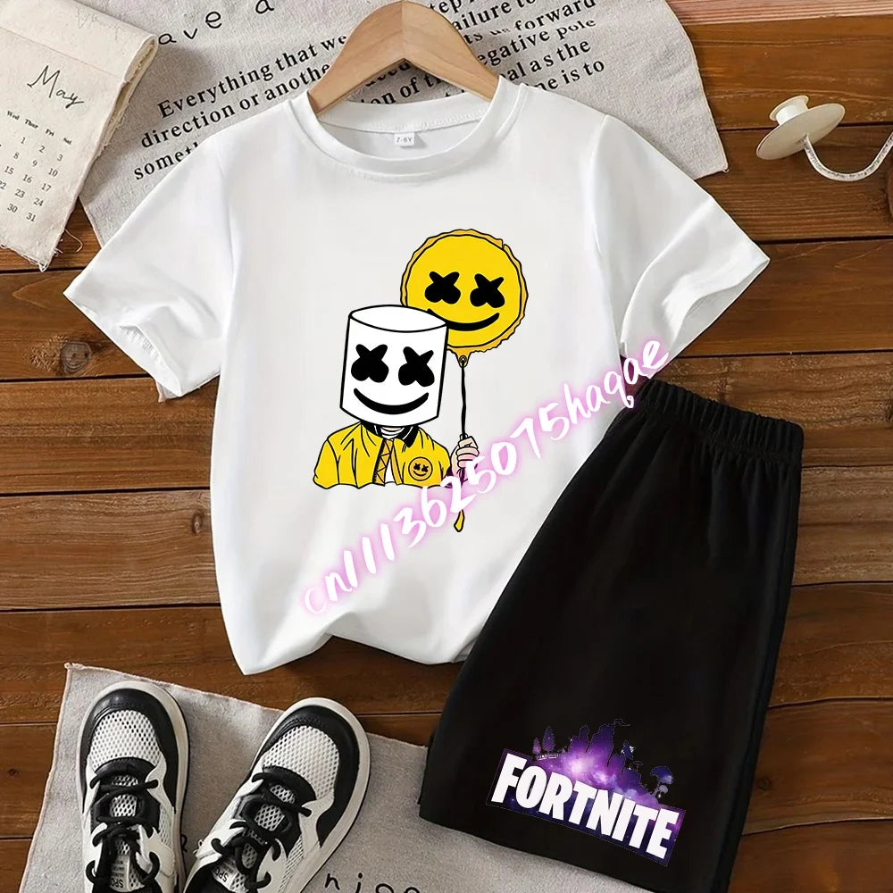Summer Fortnite T-shirt Shorts for Boys and Girls Tee Pants Set 2pcs Children Clothing Tops T-shirts Fortress Night Print Tees Gift