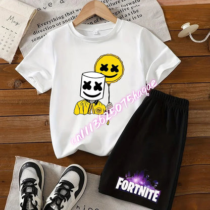 Summer Fortnite T-shirt Shorts for Boys and Girls Tee Pants Set 2pcs Children Clothing Tops T-shirts Fortress Night Print Tees Gift