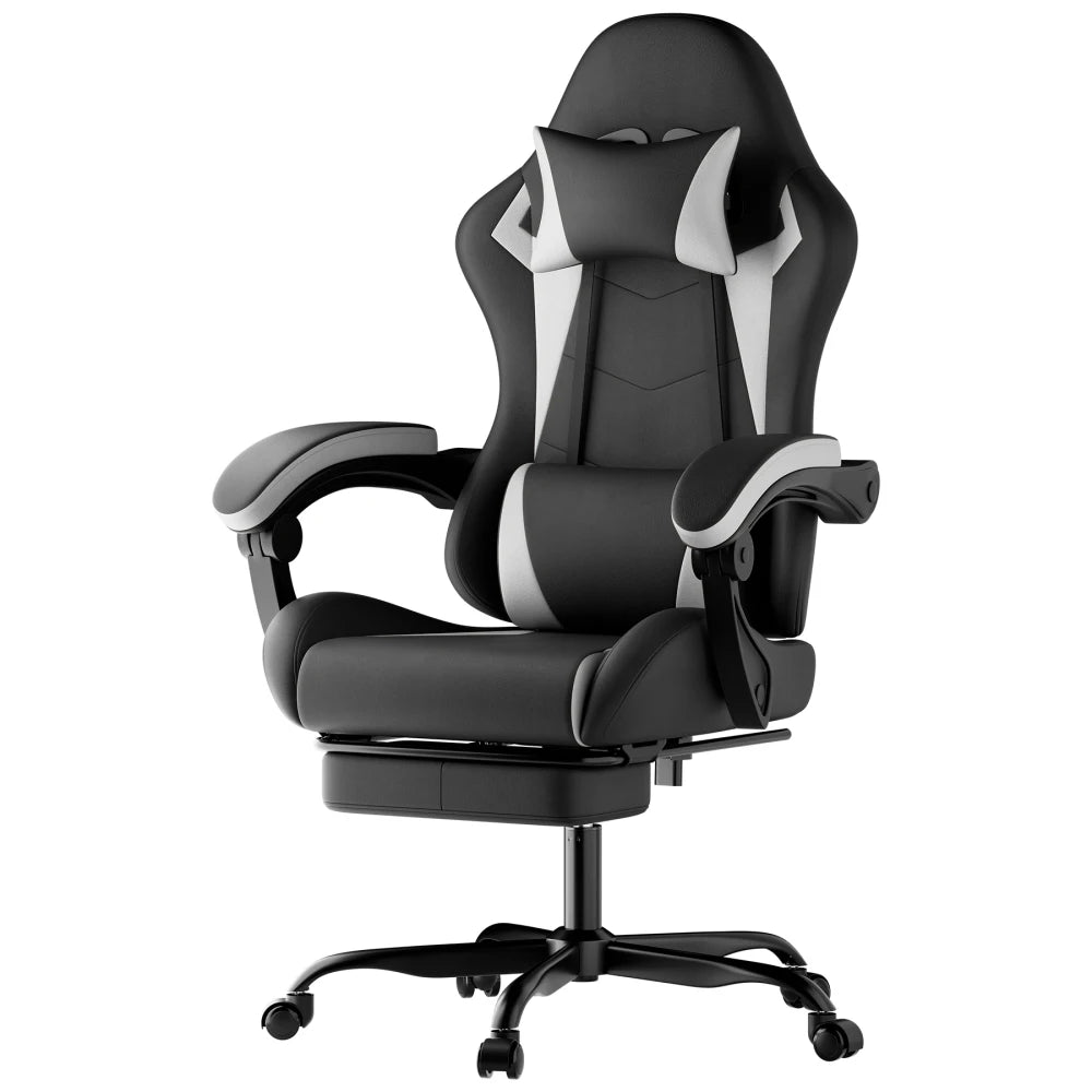 Gaming Chair Ergonomic Gaming Chair with Lumbar Pillow and Headrest, Gamer Chair Height Adjustable, Pc Chair for Adults Girls Boy, Black and White
