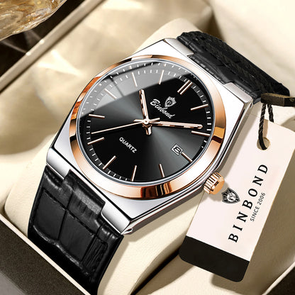 Montre-bracelet à quartz de luxe BINBOND pour homme – Étanche, lumineuse, avec date automatique – Style professionnel, sportif, tendance et décontracté – Bracelet en cuir
