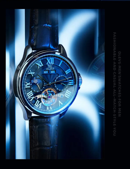 OLEVS 7013 Men's Watch Fashion Moon Phase Mechanical Watch For Men Waterproof Roman Scale Hollow Flywheel Automatic Hand Clock