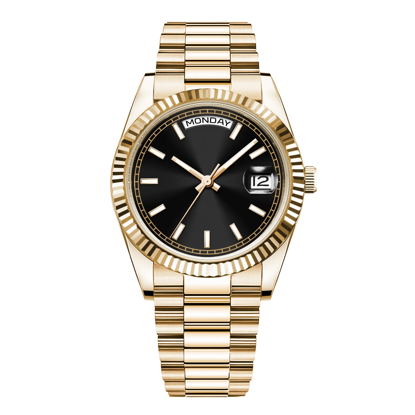CORGEUT NH36 mechanische Herrenuhr mit Wochentags- und Datumsanzeige, President-Gliederarmband, Stahlgehäuse, geriffelter Arc-Lünette, wasserdicht