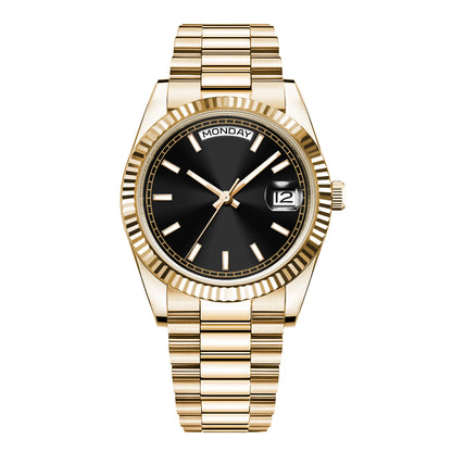 CORGEUT NH36 mechanische Herrenuhr mit Wochentags- und Datumsanzeige, President-Gliederarmband, Stahlgehäuse, geriffelter Arc-Lünette, wasserdicht