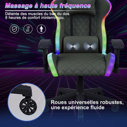 Ergonomic Gaming Chair with Massage Function, RGB LED Lights, Reclining Gaming Chair with Footrest, Adjustable Height PU Leather Office Gaming Chair