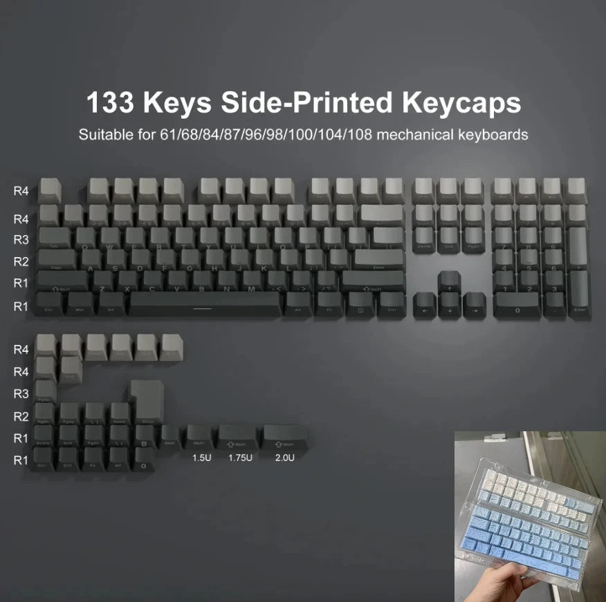Novas Keycaps para Teclado Mecânico Gaming 60/64/84/98/108 com Switch MX, 135 Teclas OEM PBT, Gravação Lateral, Gradiente Vermelho e Preto
