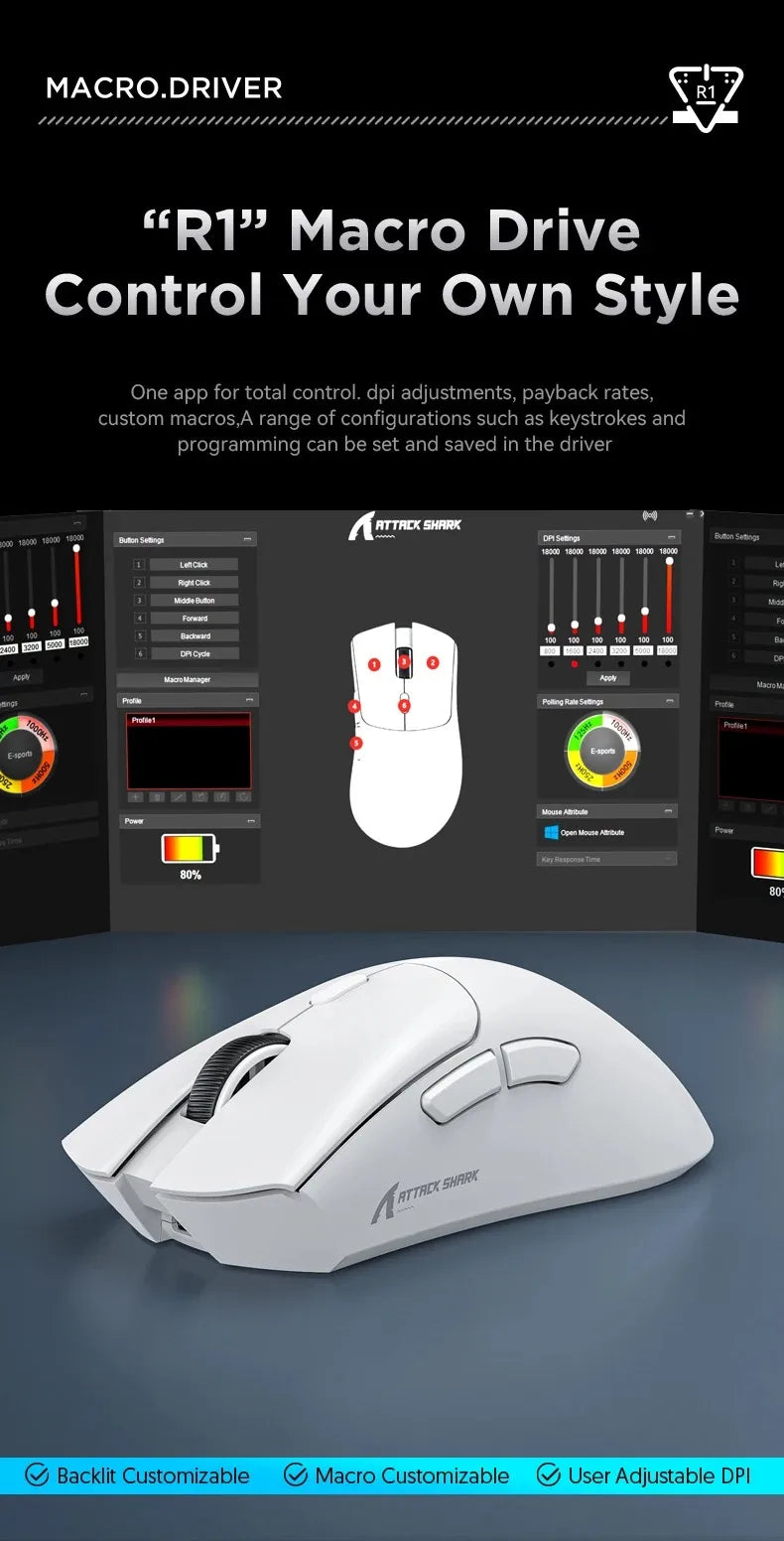 Attack Shark R1 Wireless Mouse for Gaming 1000 Hz PAW3311 Sensor,Rechargeable,Bluetooth Tri-mode,Ergonomic